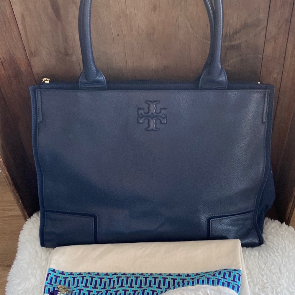Tory Burch Navy Ella Leather and Canvas Tote